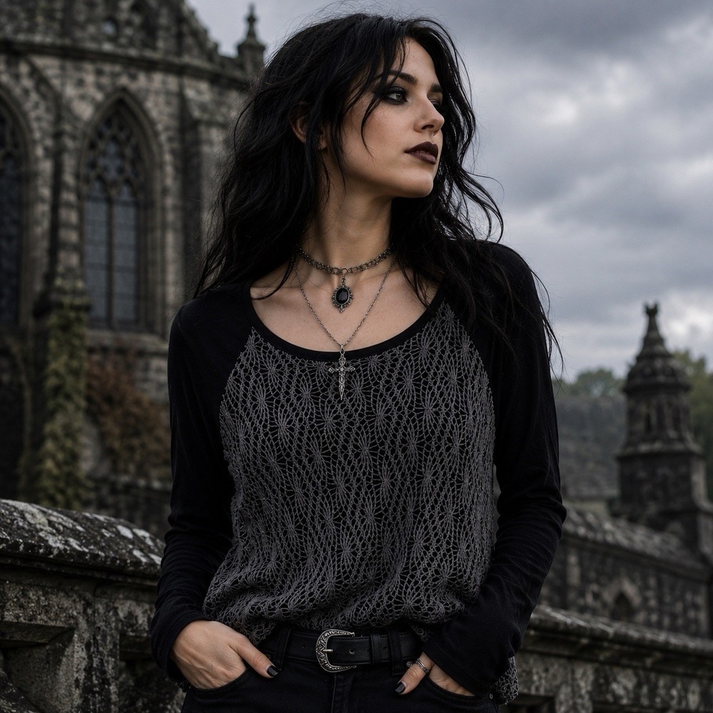 Unbranded Crochet Front Overlay Long Sleeve Top Fairygoth Dark Romantic Artsy XS